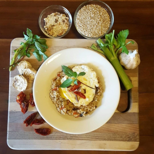 Fun fact: I LOVE to cook. 
Todays lunch: Shitake & Sun-dried tomato Savory Oats. I made a broth with dried shitake mushrooms, sun dried tomatoes, basil, celery, garlic, onion and a dash of Bragg's liquid aminos, to cook the steel cut oats and quinoa in. Then through an egg on top! How's that @followyourfork ?