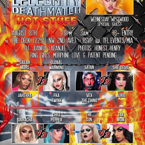 I'm going to be in MIAMI in a few hours and prancing in a wrestling ring with these broads! See you TONIGHT!
 @themisstoto @jah.syra @fkatwink @robyn.sin @lilplastic @pettyboopqueen @vputx @vex.the.thing @juanitafrommiami