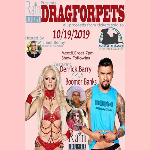 Help us help the fur babies! Join us at Rain Lounge on October 19th for a fundraiser for the @animalalliancesyracuse with special guest @derrickbarry and Dong Diva @baconlvr. Hosted by @michaelbenny and house clowns me and Samantha Vega! All ticket proceeds go to Animal Alliance.